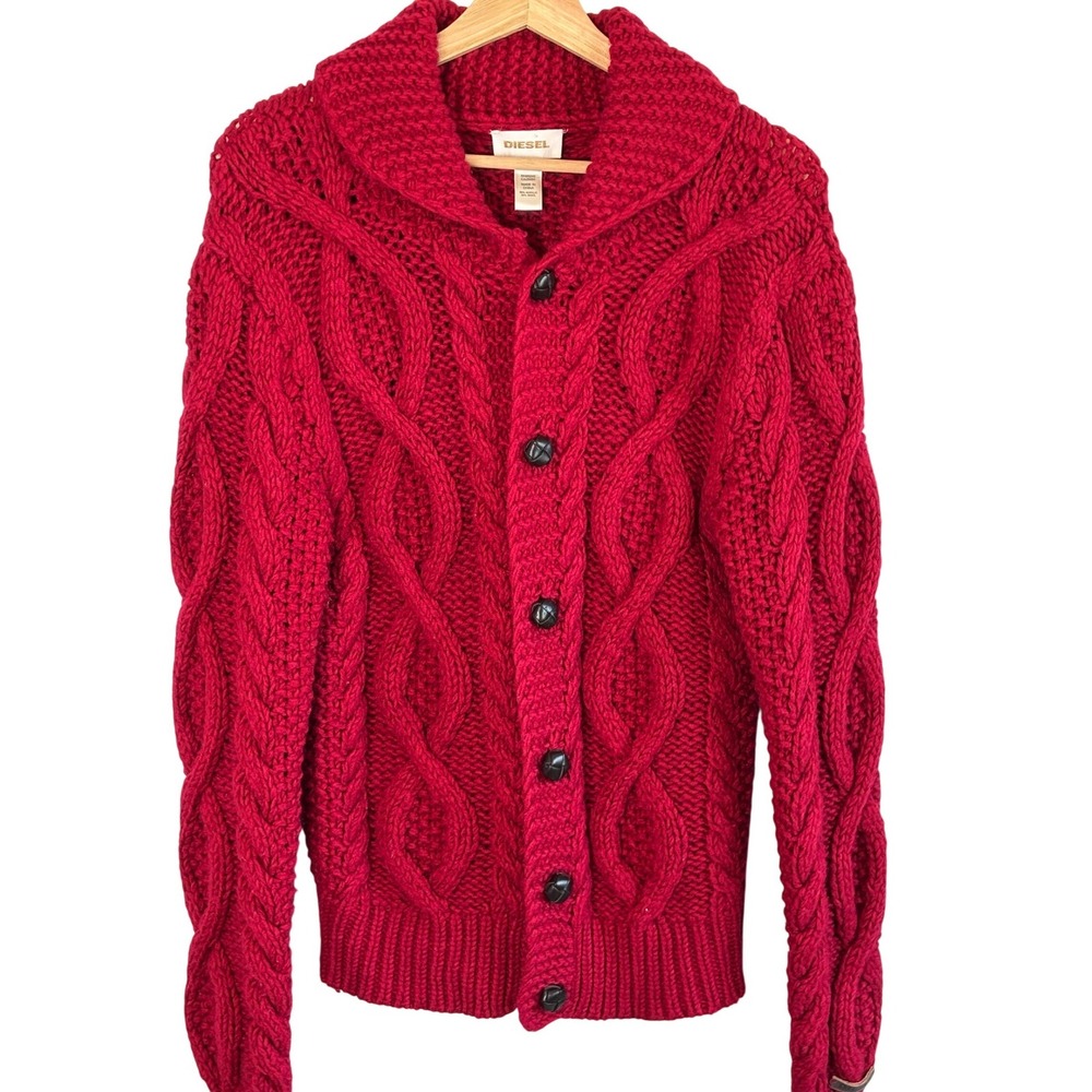 Diesel Y2K Red Chunky Cable Knit Shawl Collar Cardigan Wool Blend Sweater Size S